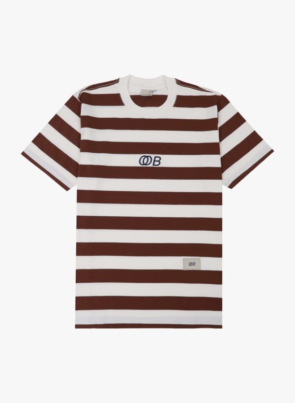 Camiseta Out Of Box listrada - Off white/marrom.